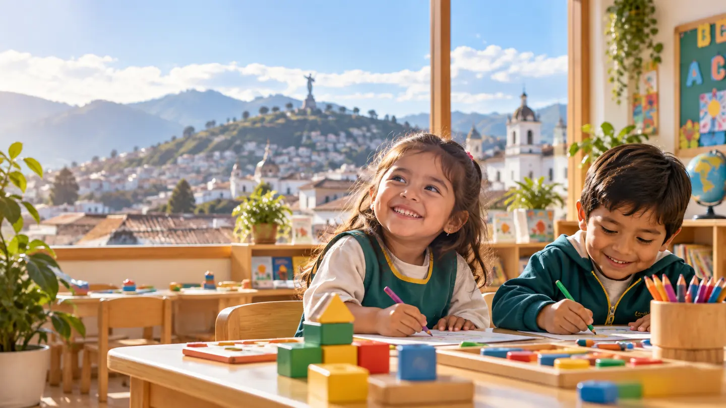 Niña y niño aprendiendo en un centro infantil con Quito y el Panecillo al fondo
